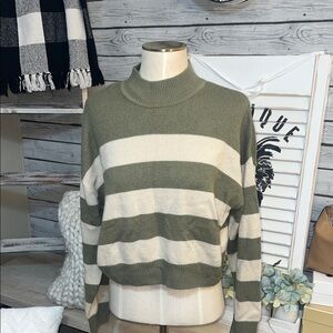 Olive and Cream Striped Women's Turtleneck Crop Sweater